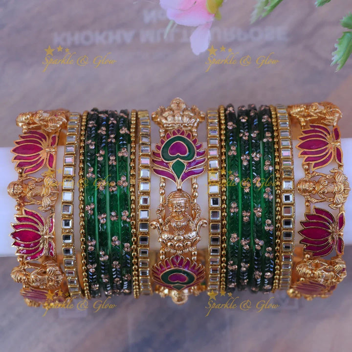 Exquisite Floral Gold & Green Bangles Set-One hand
