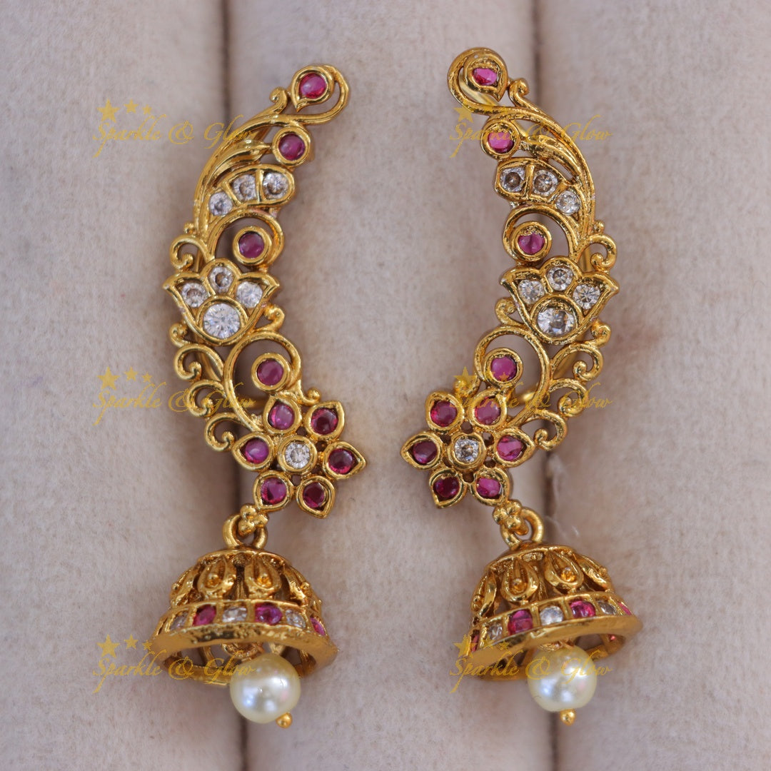 Elegant Floral Pearl Jhumka Earrings - Timeless Beauty