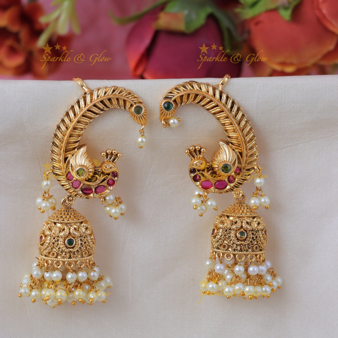 Exquisite Peacock Jhumka Cuff Earrings - Sparkle & Glow