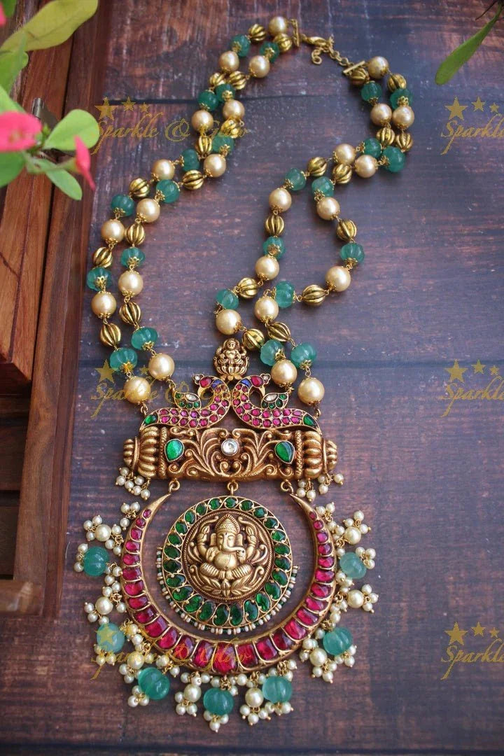 Gheru gold Jadau Ganesha Pendent pink pumpkin beads chain - Sparkle and Glow