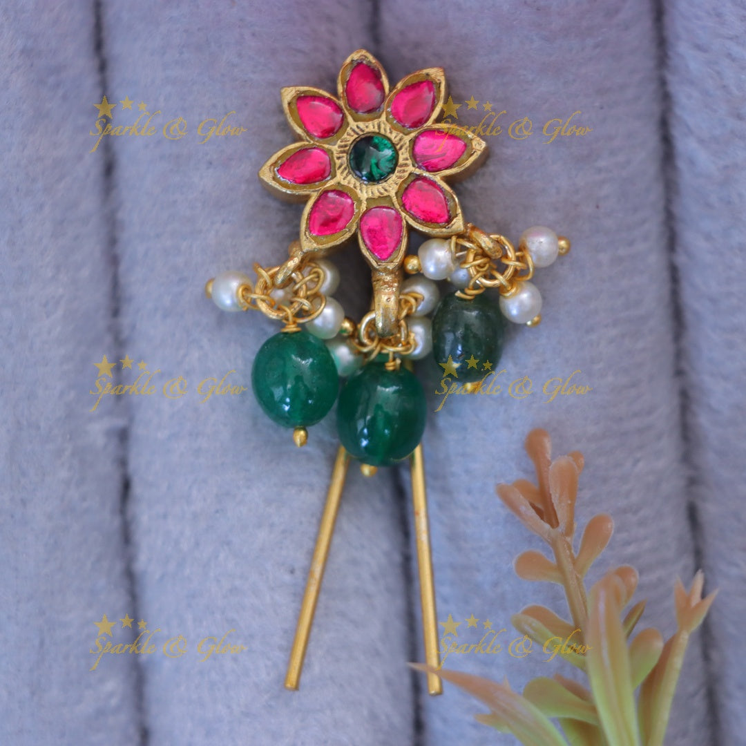Exquisite Floral Hairpin with Green Beads & Gold Finish
