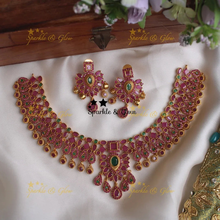 Gold alike statement CZ stone necklace with circular drops - Sparkle and Glow