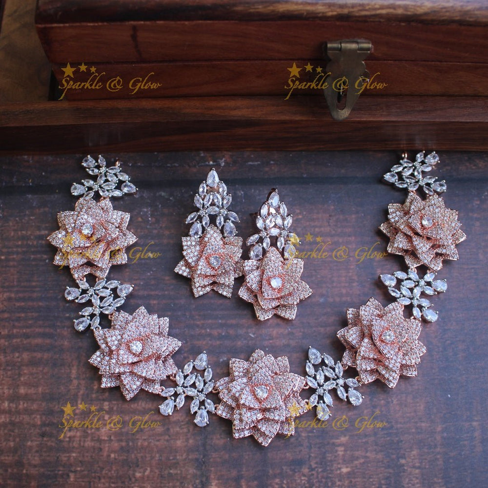 Statement Rose intricate design AD short necklace set - Rose Gold - Sparkle and Glow - Rose Gold - Back Thread