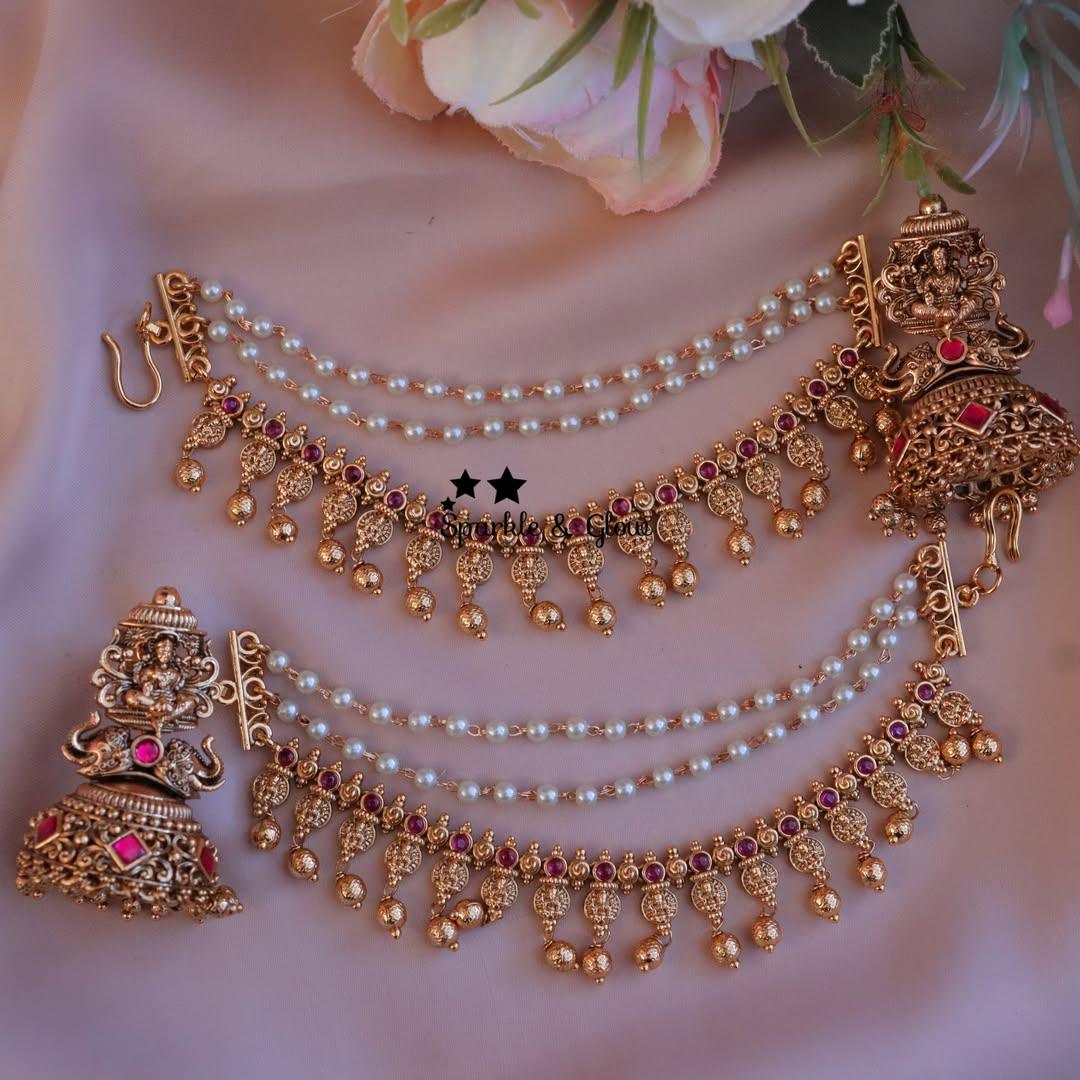 Exquisite Lakshmi Elephant Earrings & Earchain Set