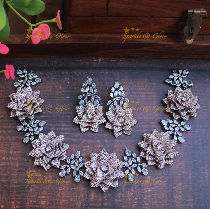 Statement Rose intricate design AD short necklace set - Rose Gold - Sparkle and Glow - Black Metal - Back Thread