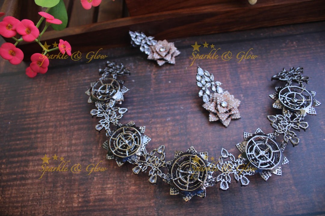Statement Rose intricate design AD short necklace set - Rose Gold - Sparkle and Glow - Gold - Back Thread