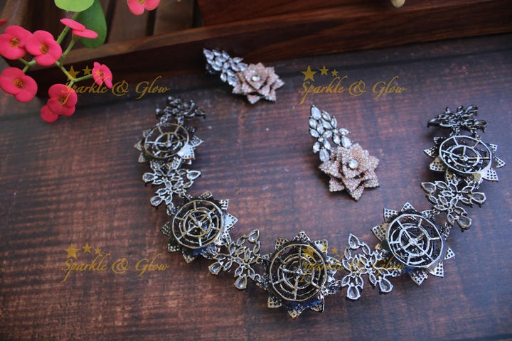 Statement Rose intricate design AD short necklace set - Rose Gold - Sparkle and Glow - Gold - Back Thread