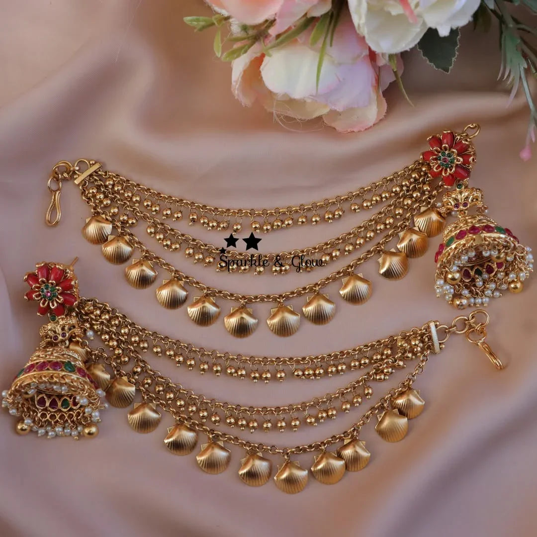 Elegant Coral Floral Earrings & Earchain Set – Sparkle & Glow