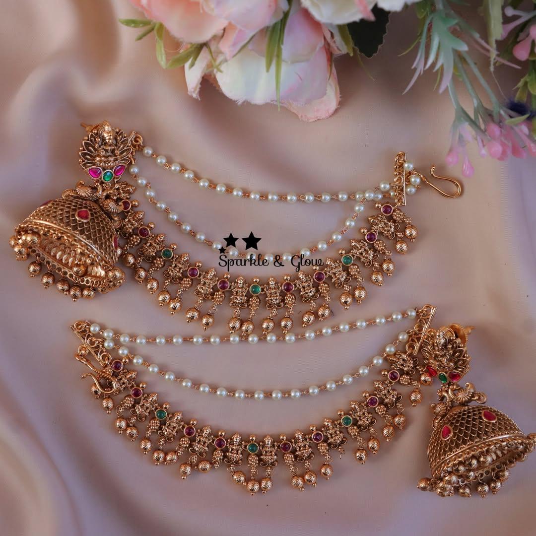 Lakshmi Floral Earring & Earchain Set - Premium Style