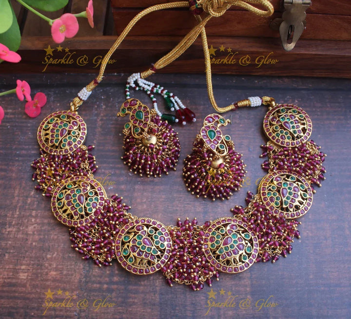 Gold Cluster gold alike polished Peacock necklace - Gold Pink - Sparkle and Glow