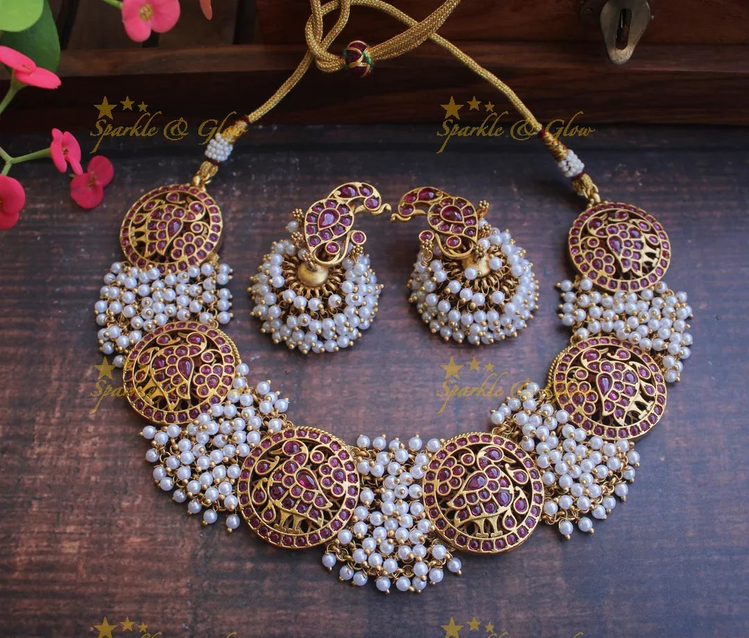 Gold Cluster gold alike polished Peacock necklace - Gold Pink - Sparkle and Glow