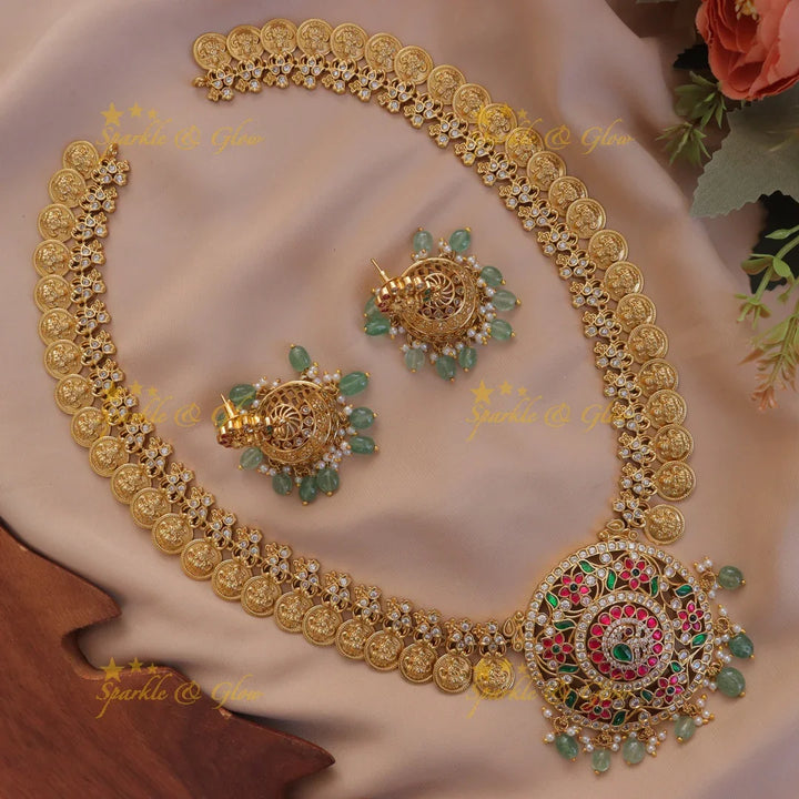 Lakshmi Coin Necklace with Green Beads - Traditional Delight