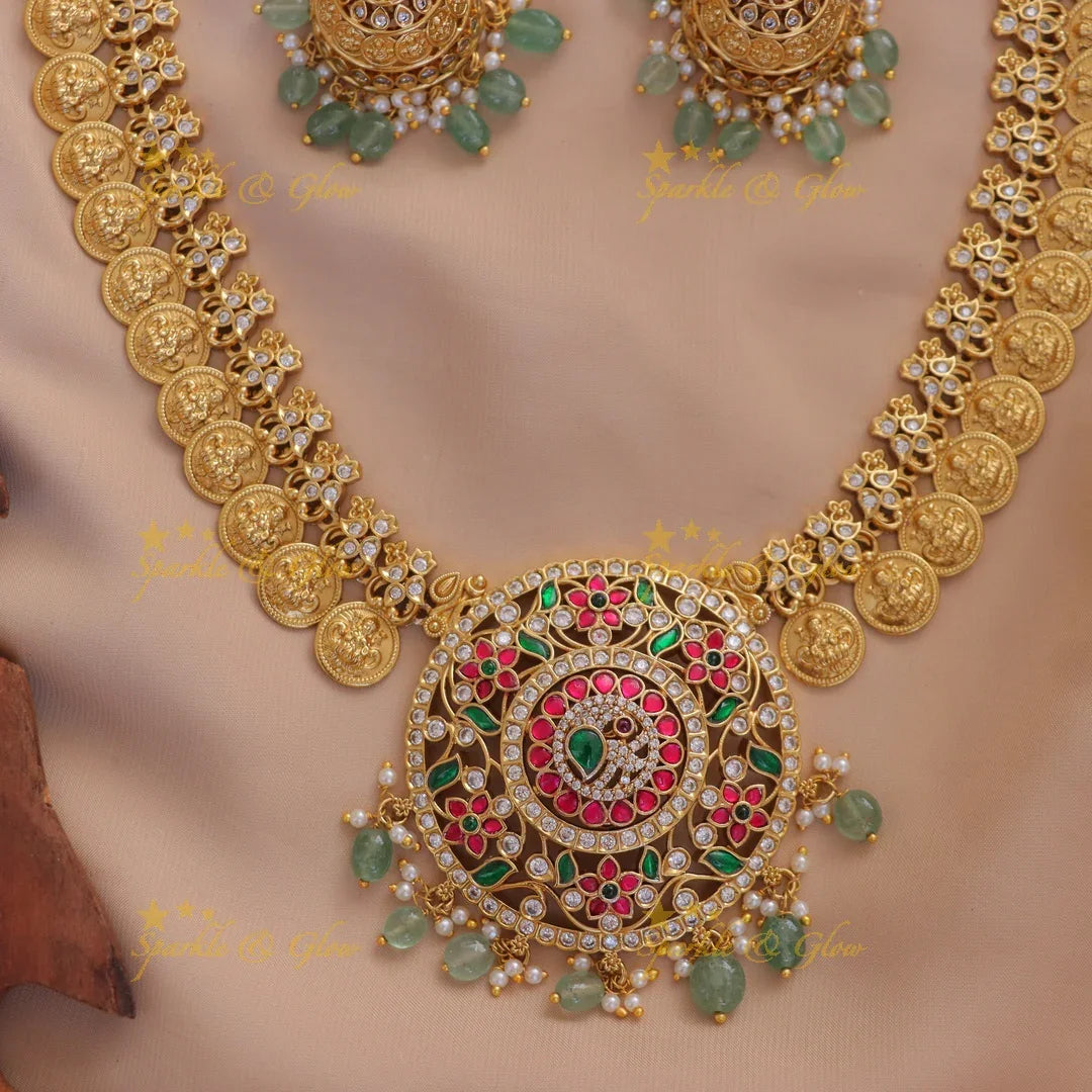 Lakshmi Coin Necklace with Green Beads - Traditional Delight