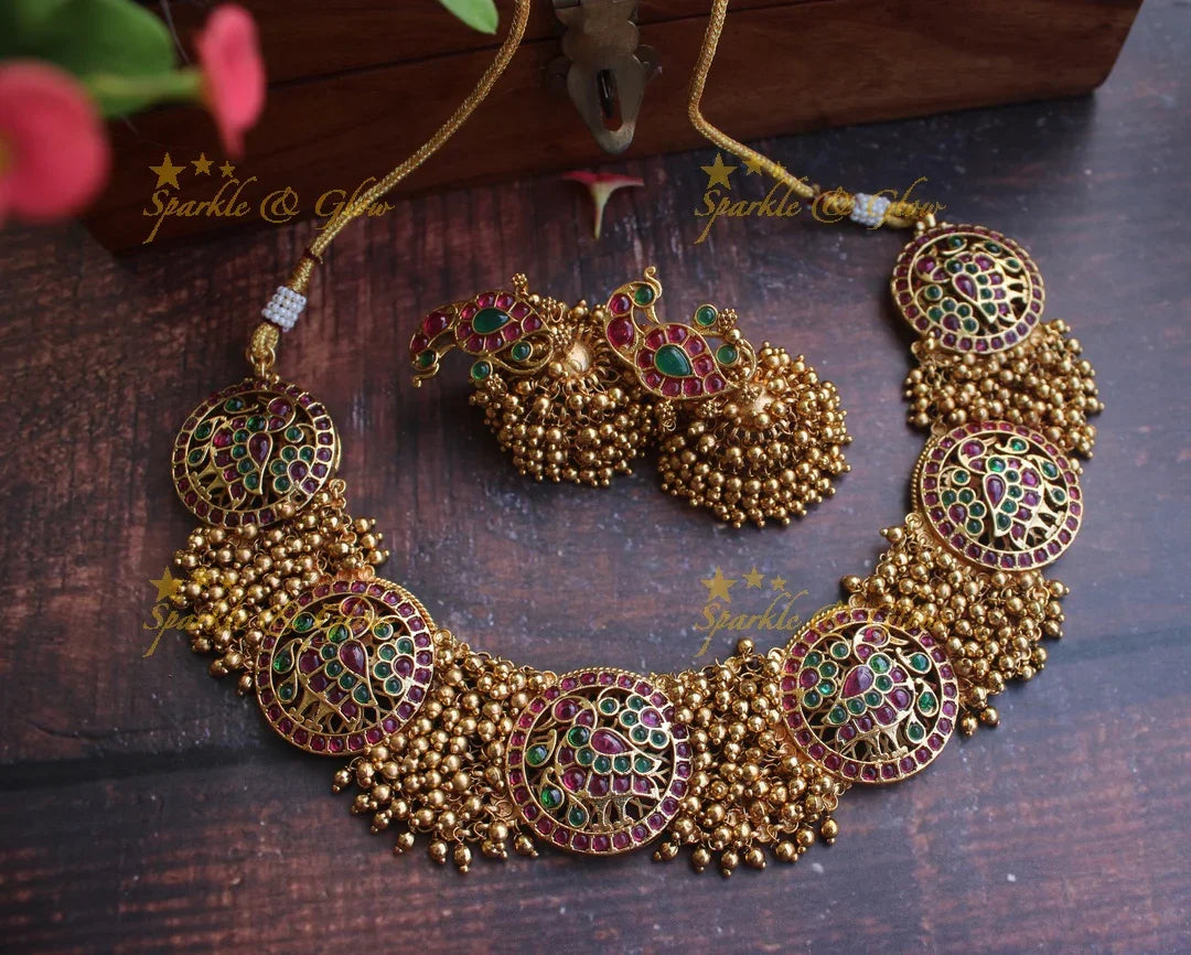 Gold Cluster gold alike polished Peacock necklace - Gold Pink - Sparkle and Glow