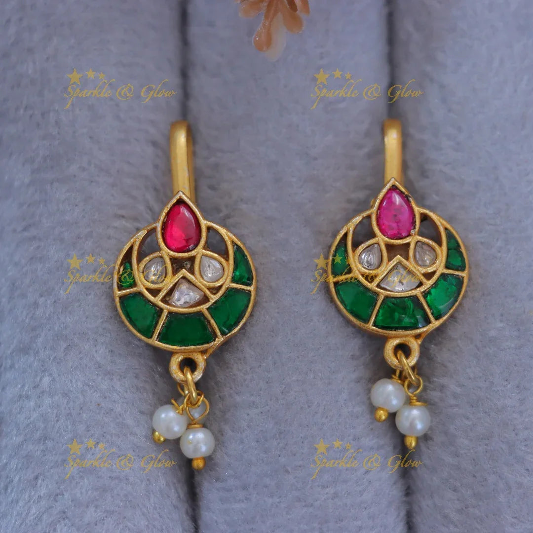 Kundan Bugadi Earrings with Pearl & Enamel Drops