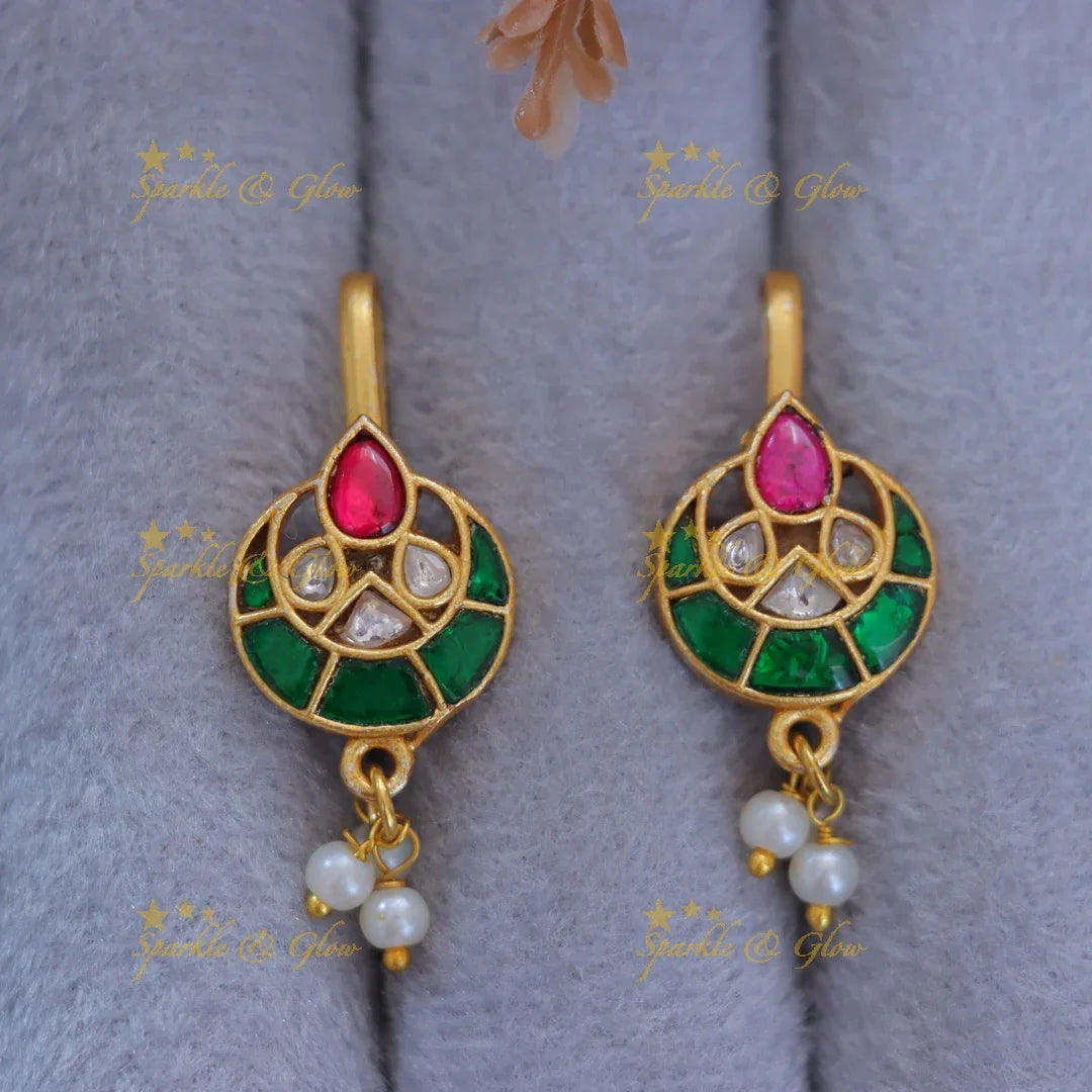 Kundan Bugadi Earrings with Pearl & Enamel Drops
