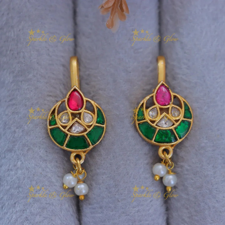 Kundan Bugadi Earrings with Pearl & Enamel Drops
