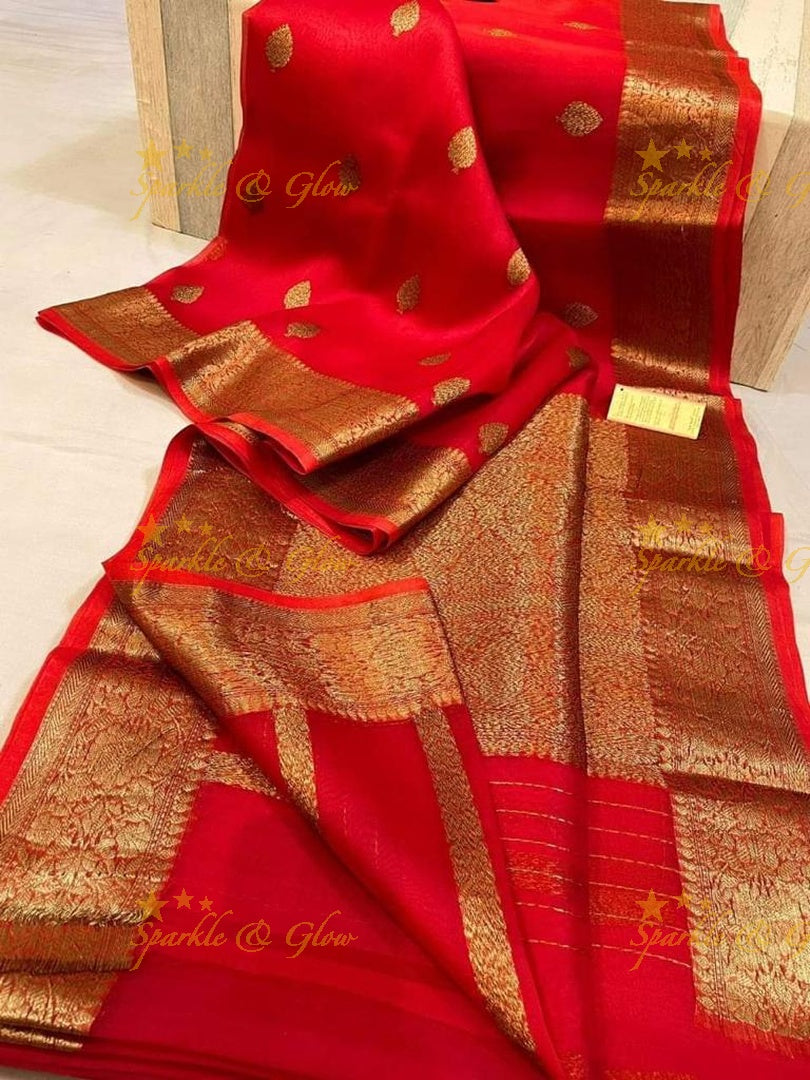 Exquisite Banarasi kora organza coffee boota saree