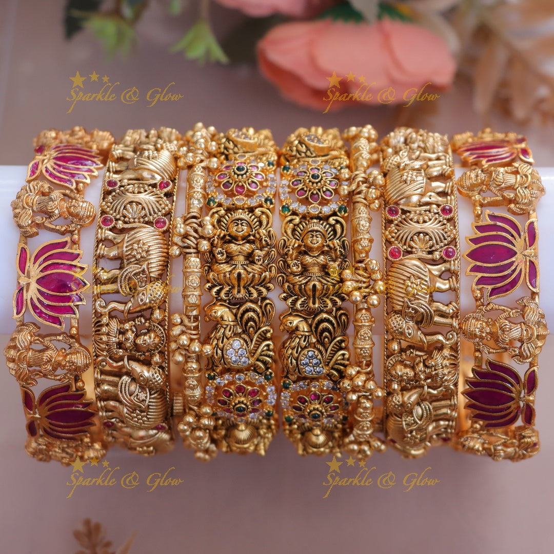 Luxurious Gold Lakshmi Temple Bangle Set with Lotus Design
