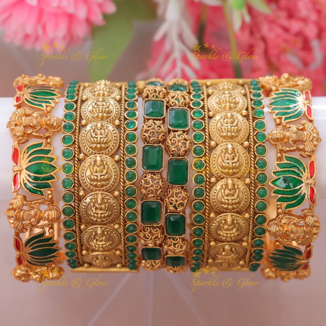 Exquisite Lakshmi Lotus Emerald Bangles Set for Brides