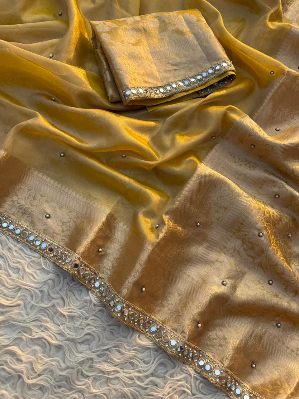 Elegant Gold Banarasi Wedding Saree with Blouse
