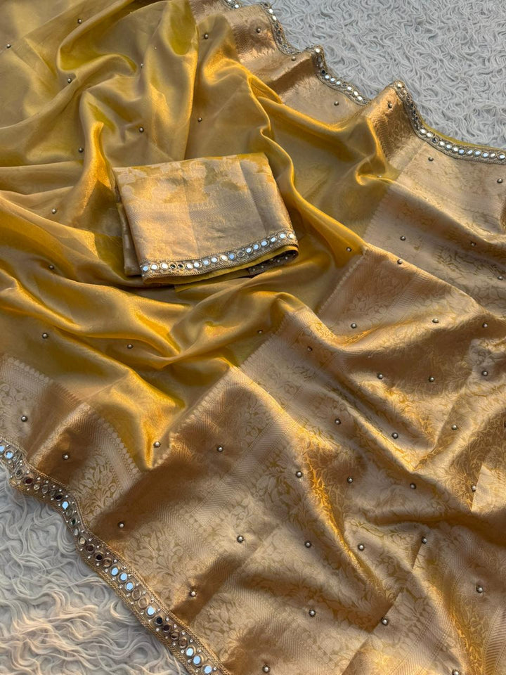 Elegant Gold Banarasi Wedding Saree with Blouse