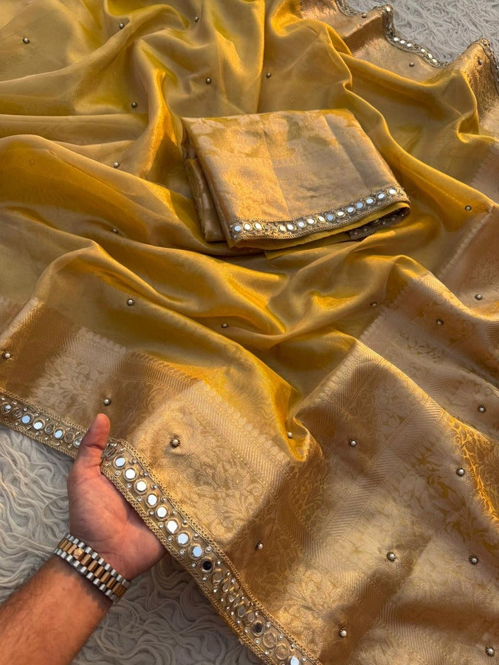 Elegant Gold Banarasi Wedding Saree with Blouse