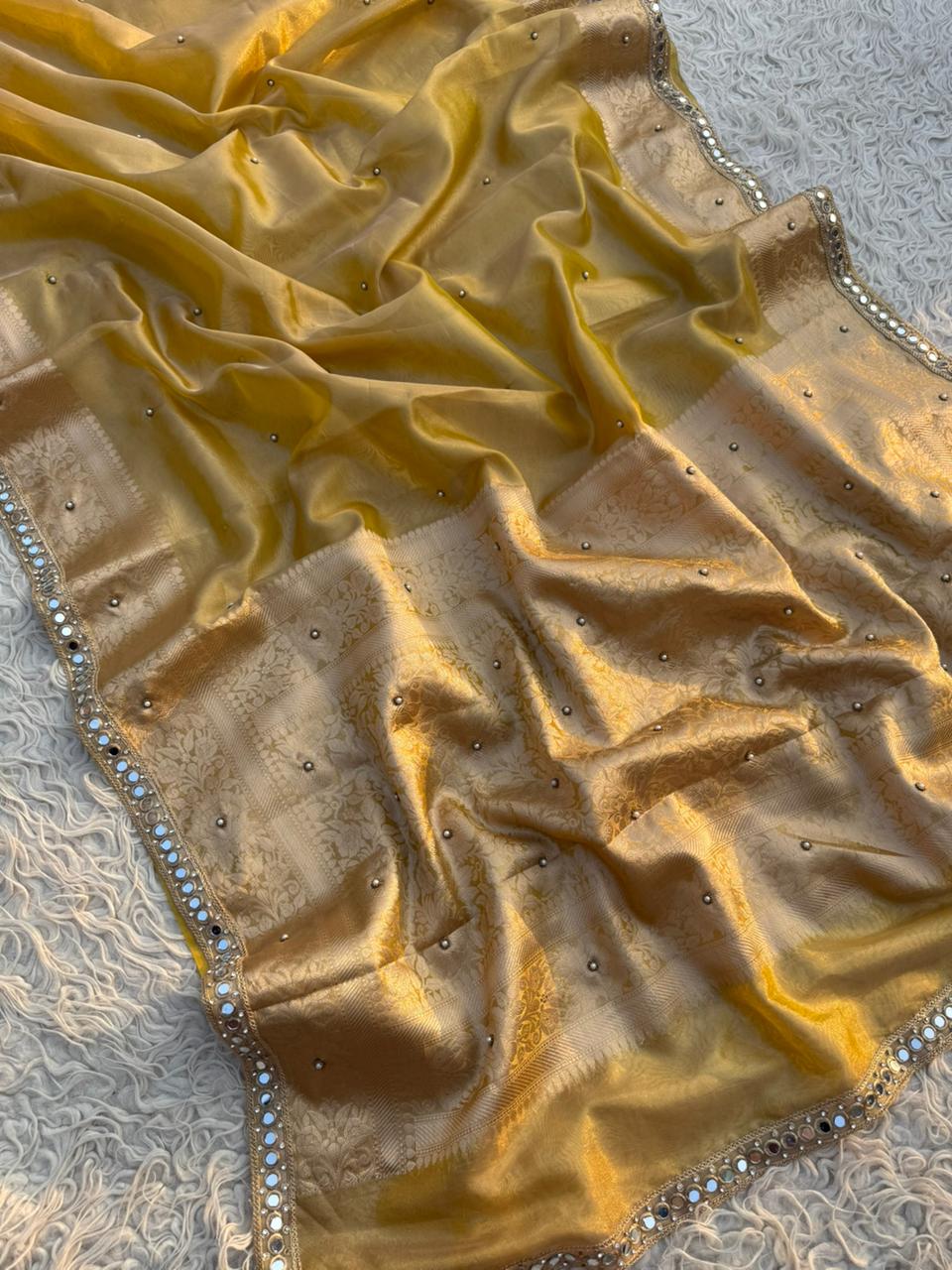 Elegant Gold Banarasi Wedding Saree with Blouse