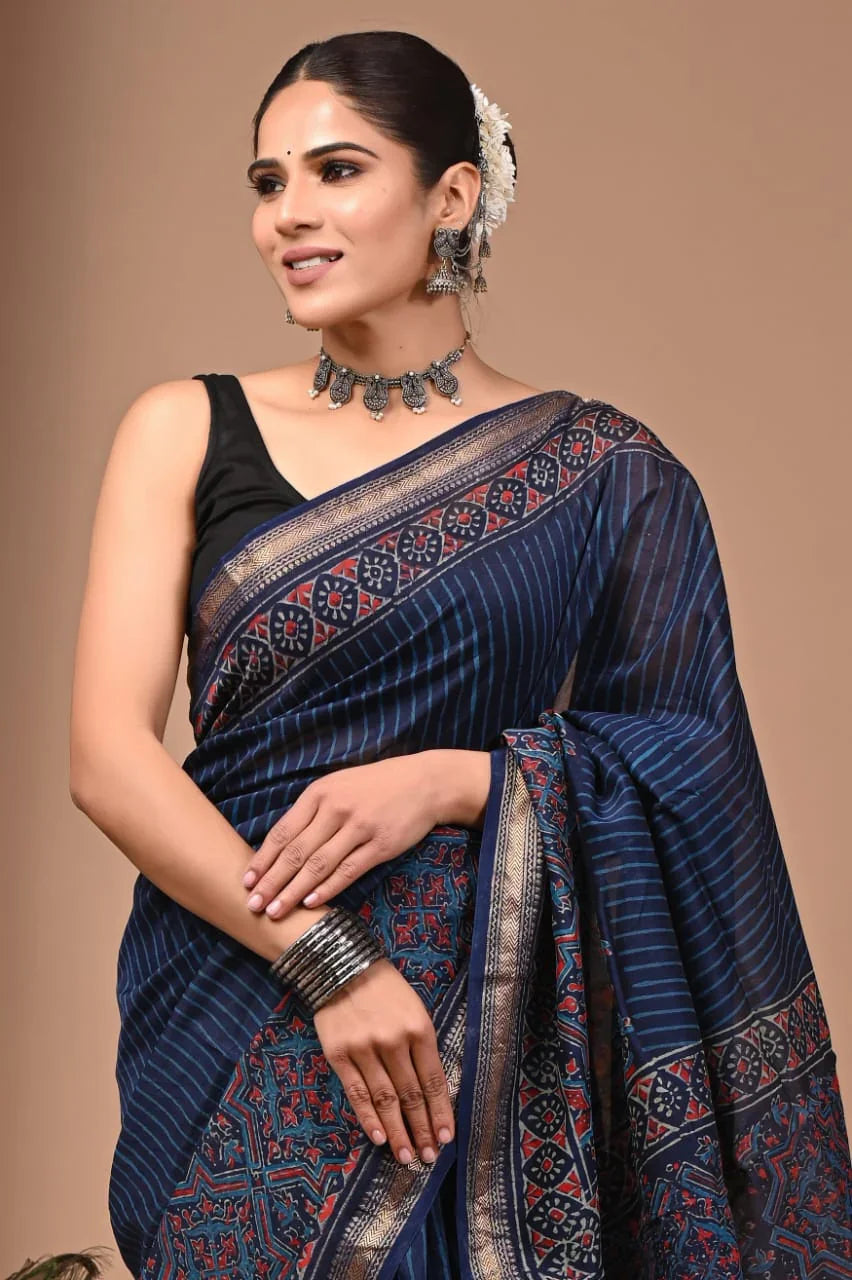 Handblock Maheswari Silk Saree – Elegant Designer Wear