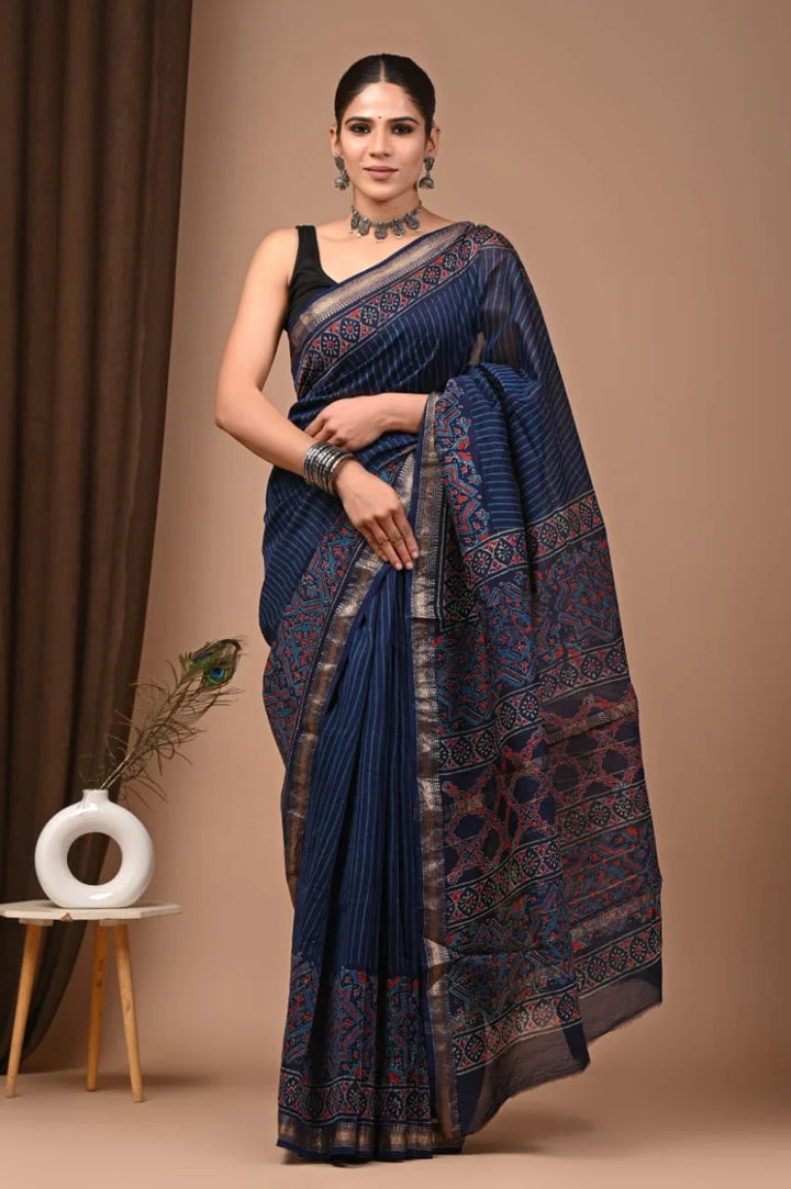 Handblock Maheswari Silk Saree – Elegant Designer Wear