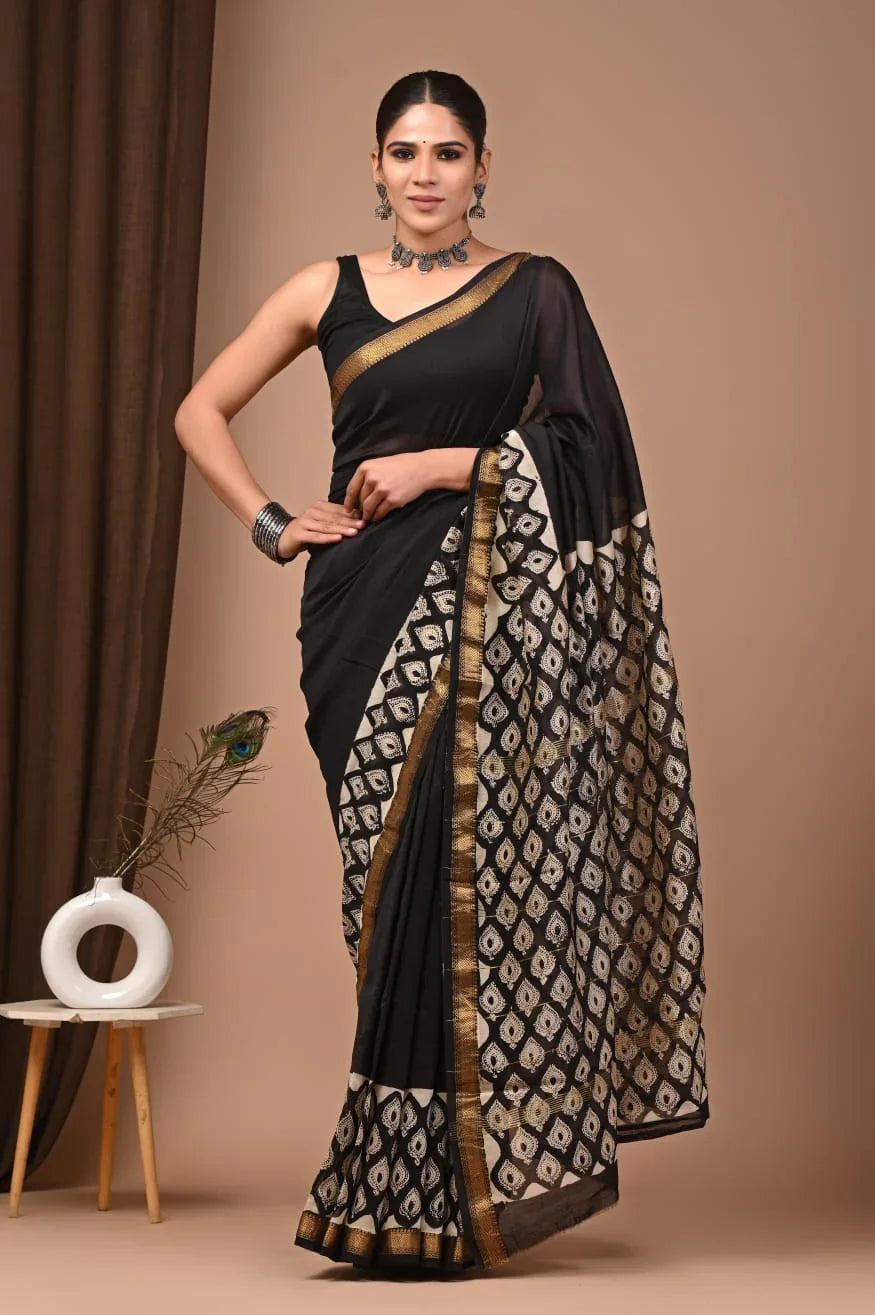 Maheswari Silk Hand Block Print Saree - Elegant & Unique