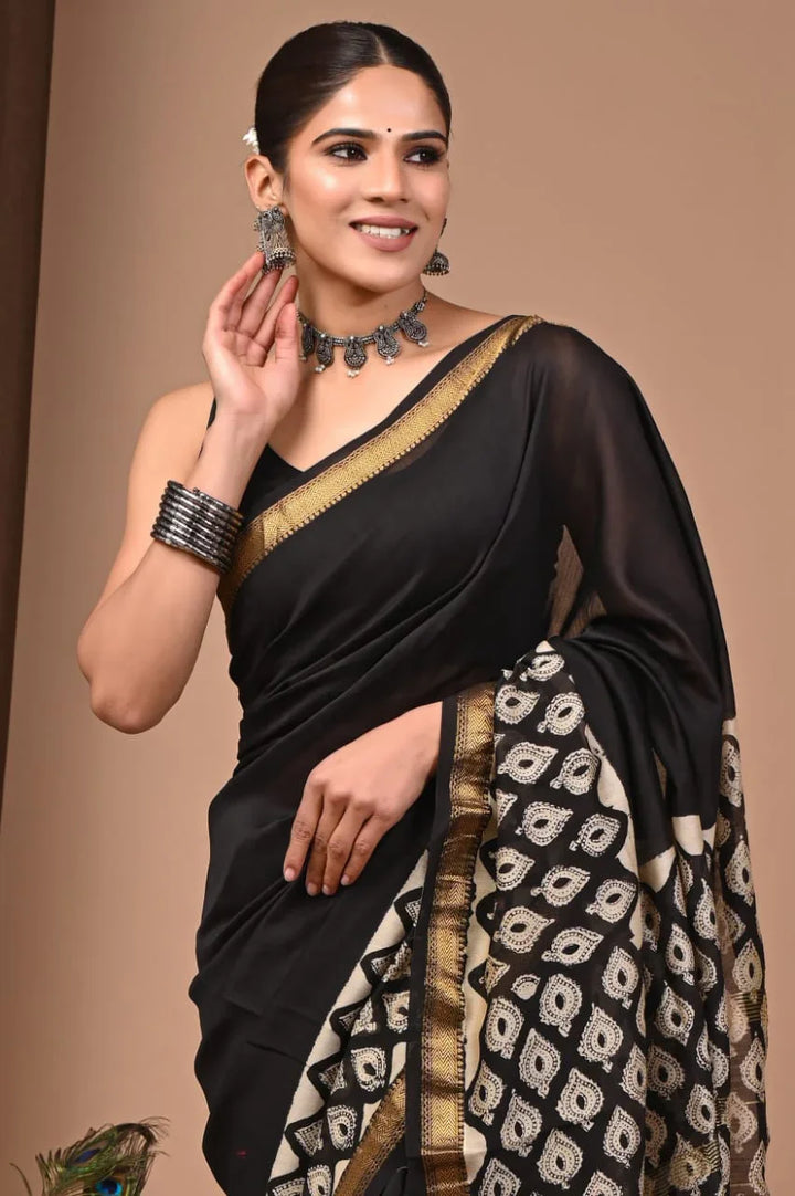 Maheswari Silk Hand Block Print Saree - Elegant & Unique