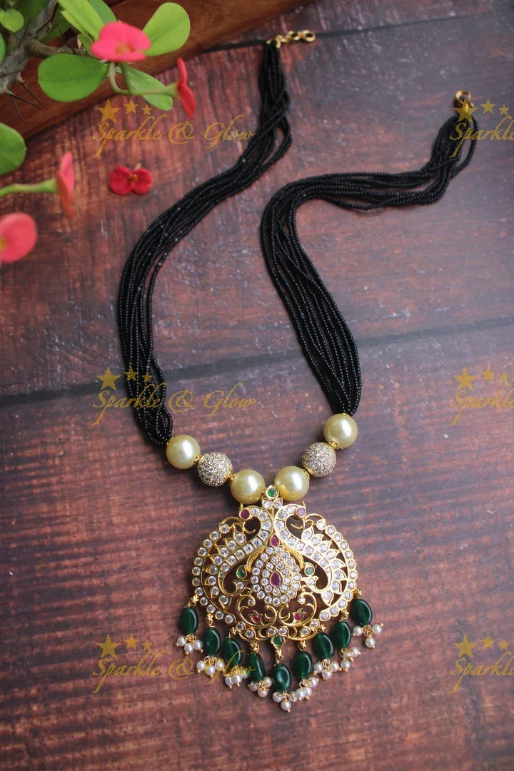 Gold polished peacock pendent black beads haram - Multi - Sparkle and Glow