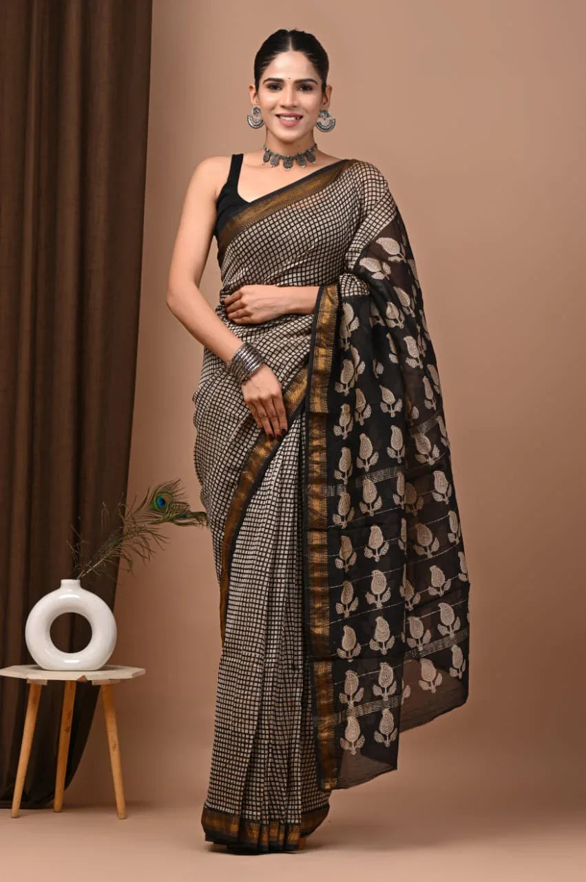 Elegant Maheswari Silk Saree with Hand Block Design