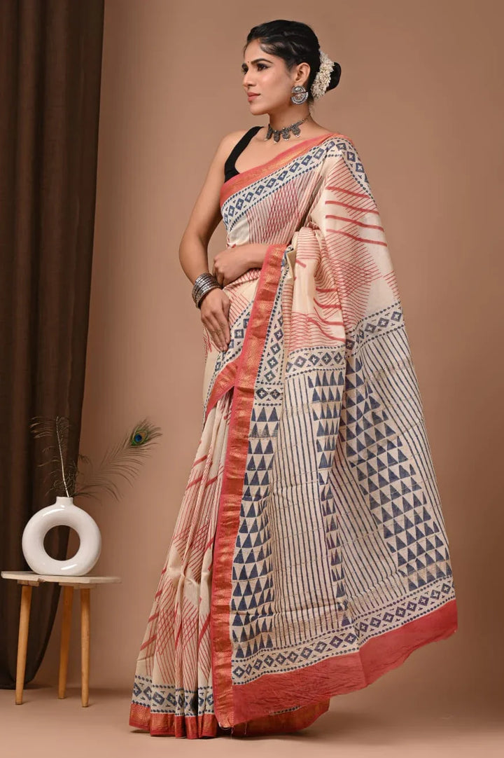Elegant Hand Block Print Maheshwari Silk Saree