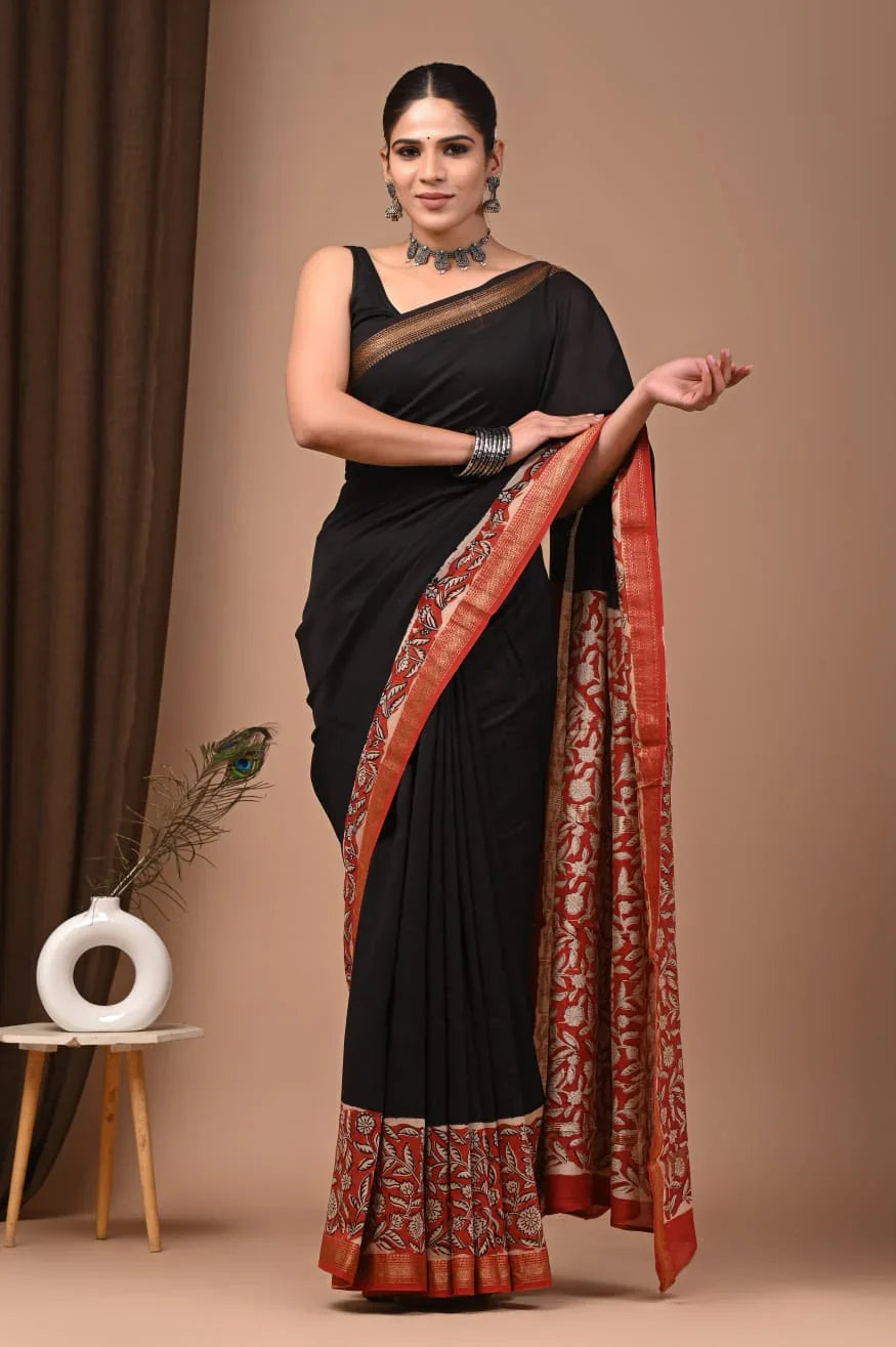 Elegant Black Hand Block Printed Maheswari Silk Saree