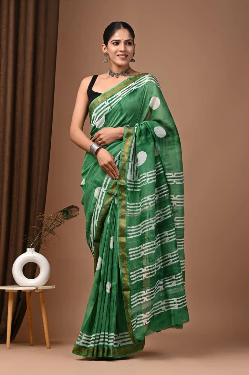 Elegant Maheshwari Silk Saree with Handblock Print