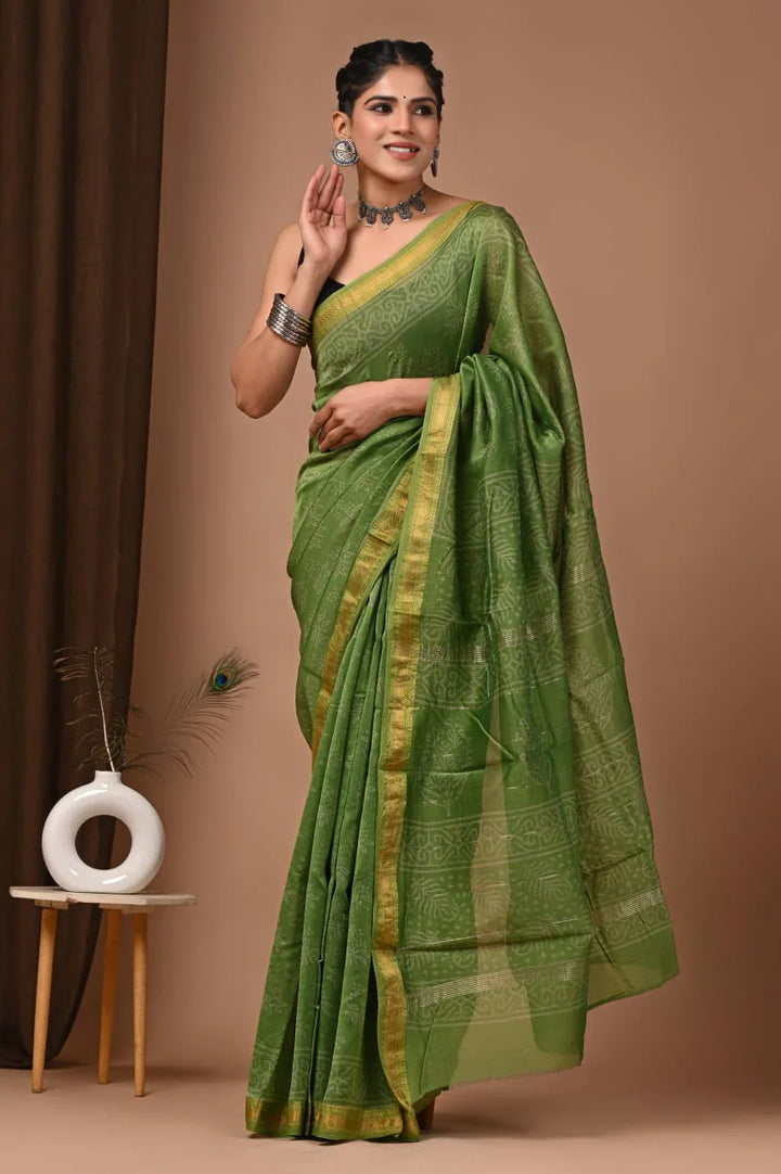 Stylish Green Maheswari Silk Saree with Hand Block Print