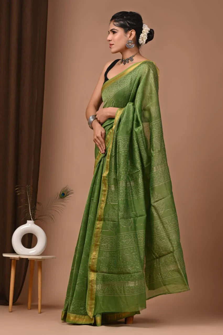 Stylish Green Maheswari Silk Saree with Hand Block Print