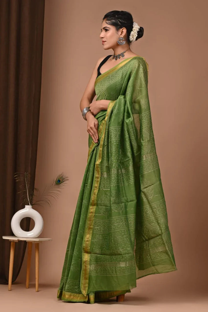 Stylish Green Maheswari Silk Saree with Hand Block Print
