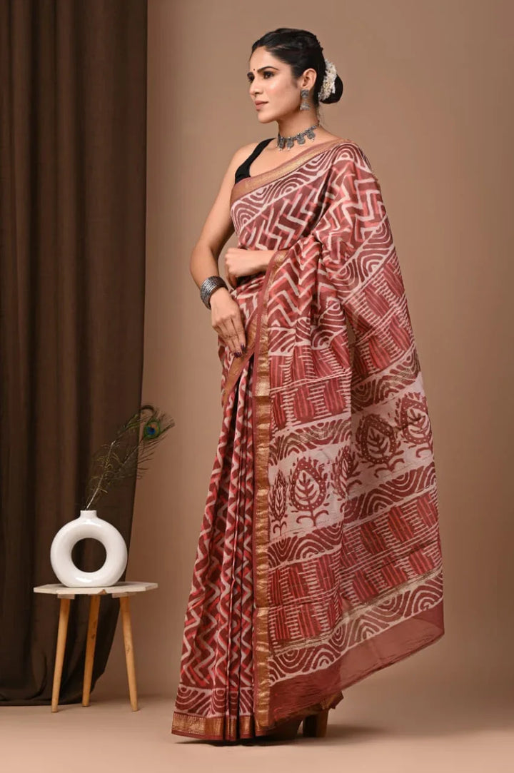 Elegant Maheswari Silk Saree with Hand Block Print