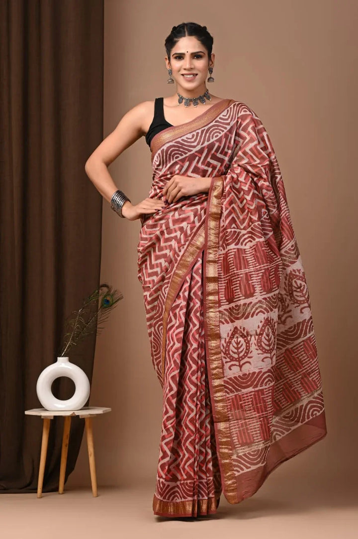 Elegant Maheswari Silk Saree with Hand Block Print