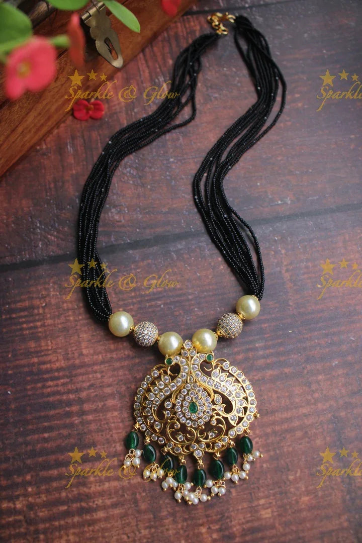 Gold polished peacock pendent black beads haram - Multi - Sparkle and Glow