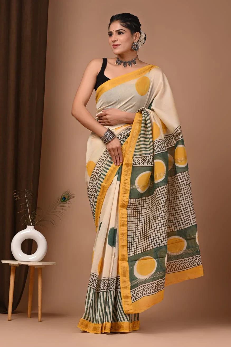 Exquisite Maheswari Silk Saree with Hand Block Design
