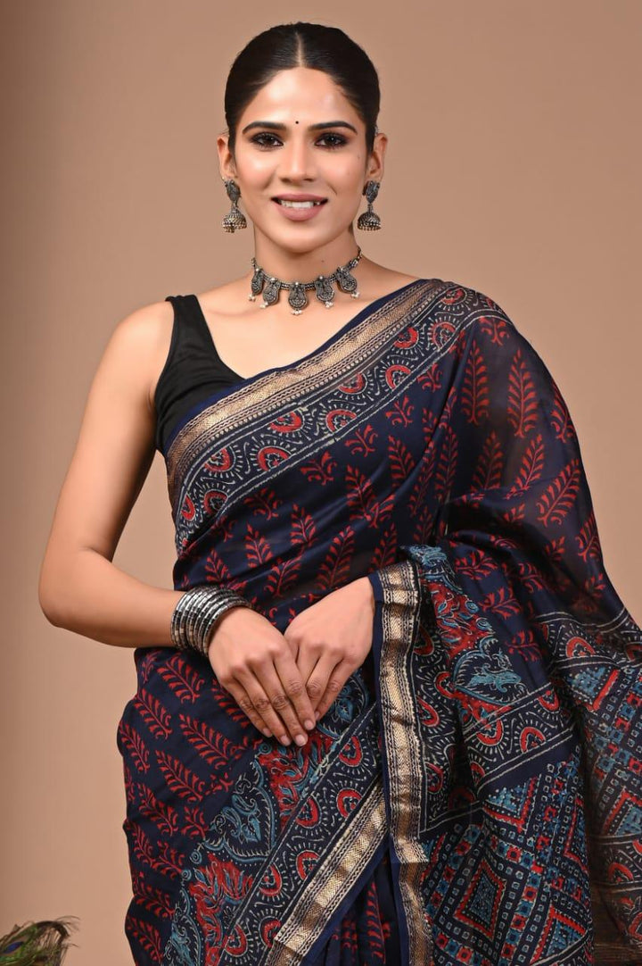 Exquisite Hand Block Print Maheswari Silk Saree