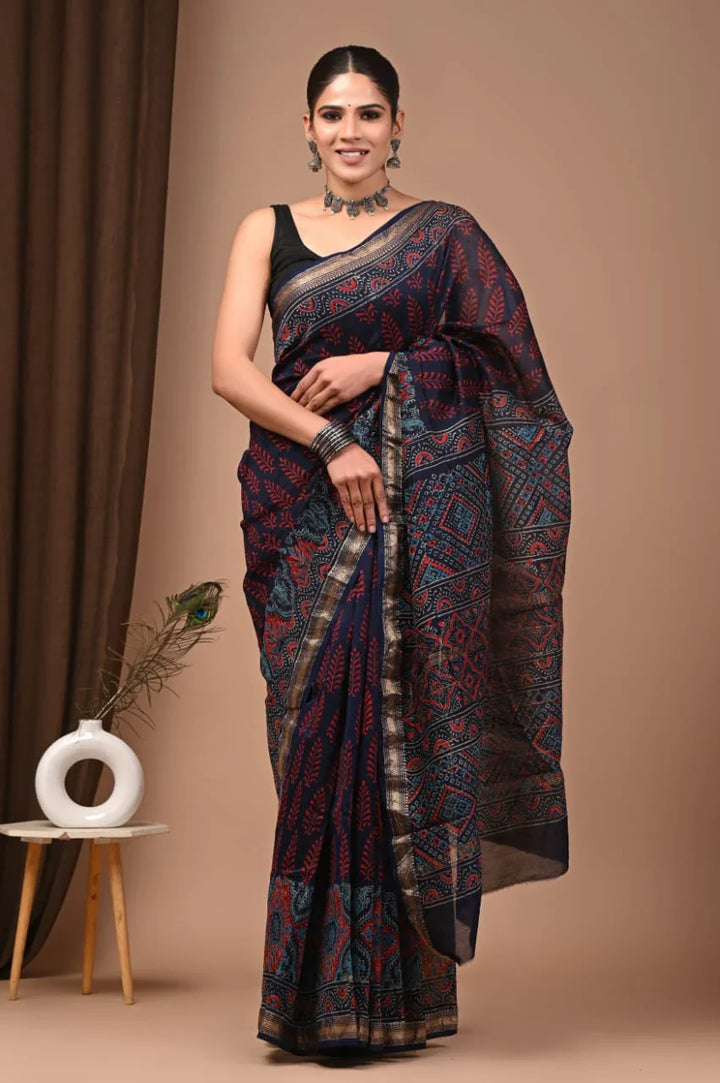 Exquisite Hand Block Print Maheswari Silk Saree