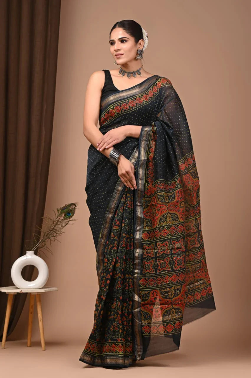Maheswari Silk Saree with Hand Block Print