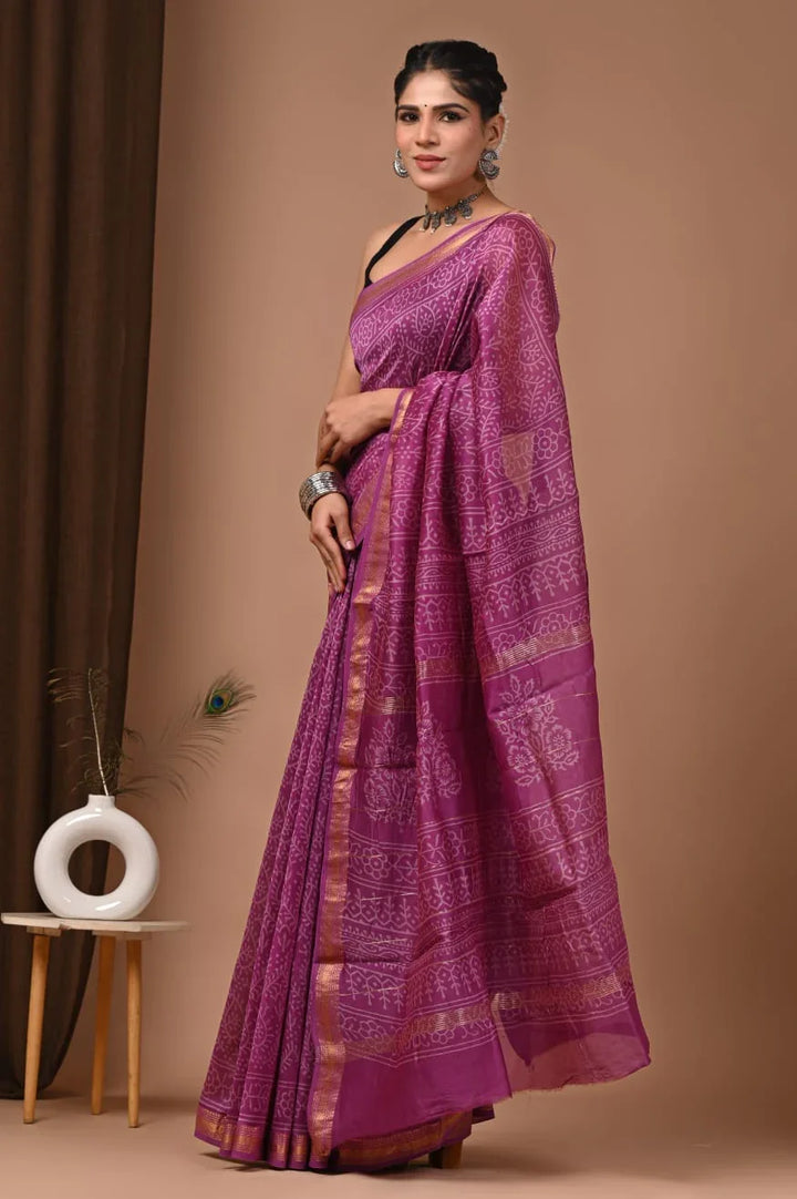 Handcrafted Maheswari Silk Saree with Block Print