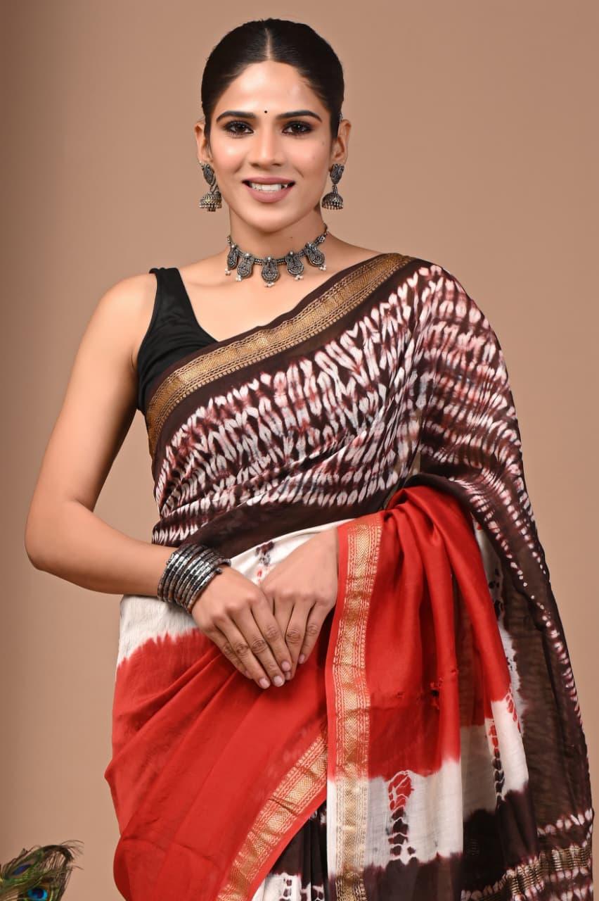 Exquisite Hand Block Printed Maheshwari Silk Saree