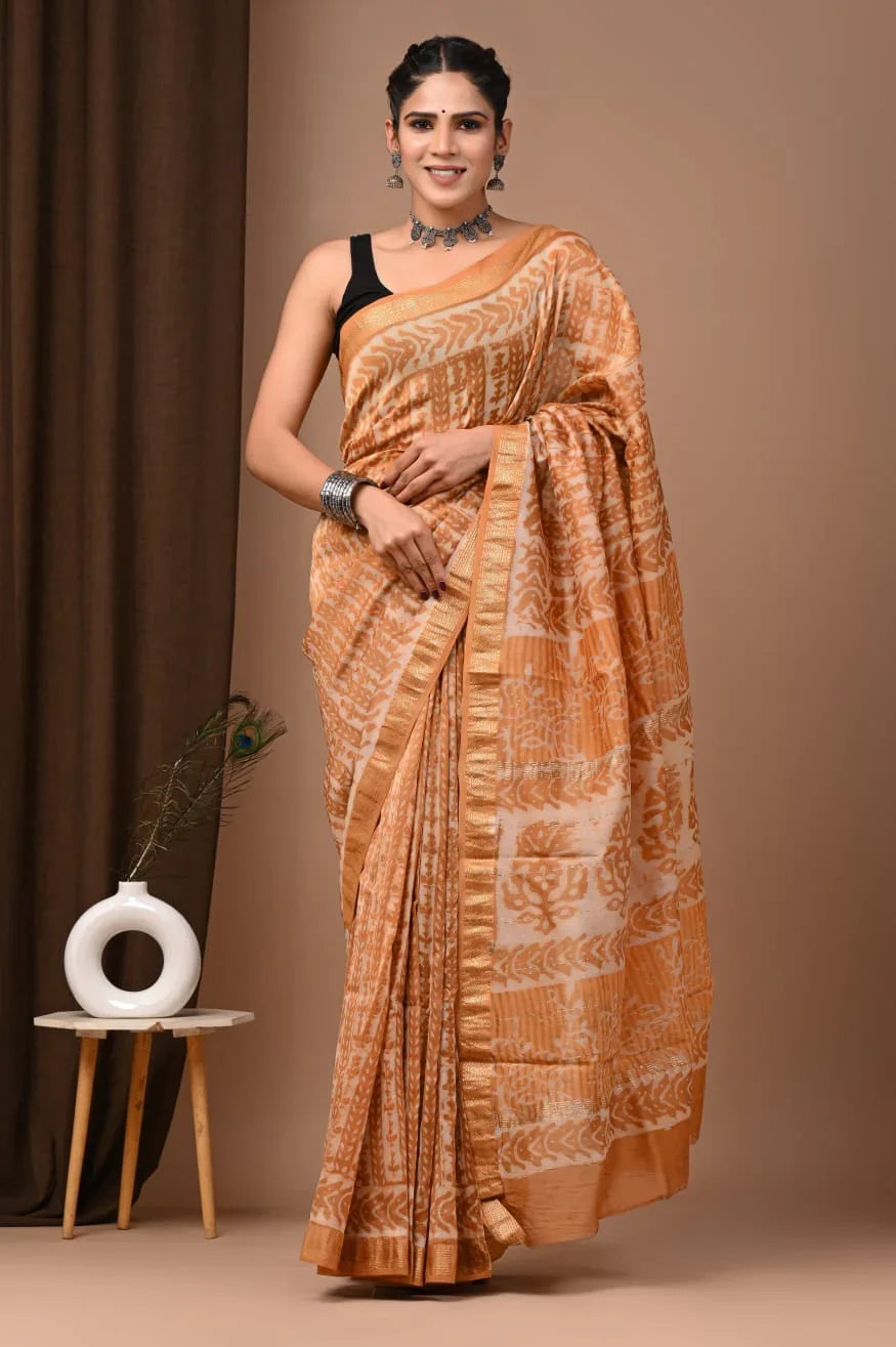 Exquisite Maheswari Silk Saree with Hand Block Print